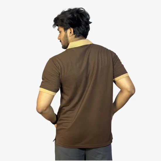 Men's Brown Cotton Polo T-Shirt with Beige Collar | Classic Casual Half Sleeve Tee